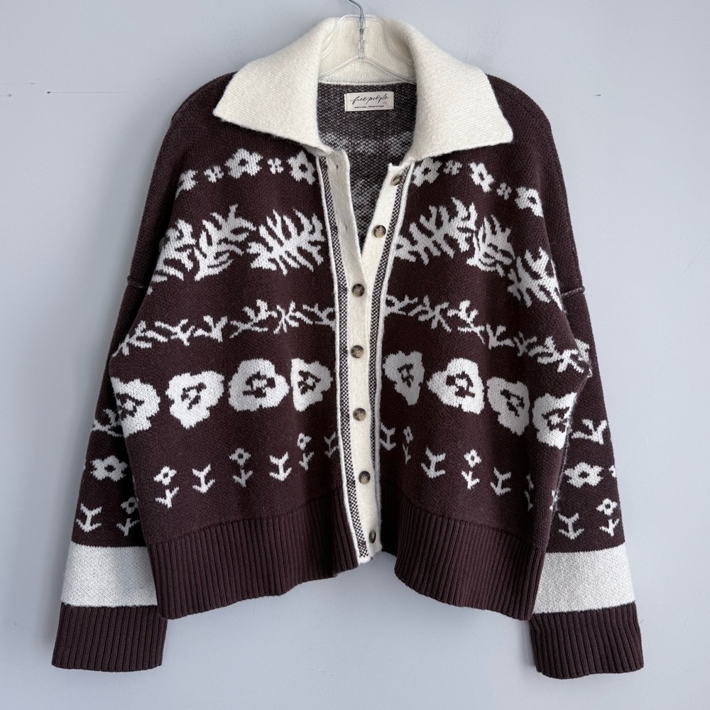 Free People Shelby Cardigan in Chocolate S Cozy Jacquard Knit Boxy Sweater - Picture 8 of 16